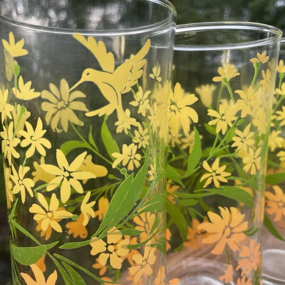 Vintage Hummingbird Floral Drinking Glasses Set 4 Yellow Orange Retro Tumblers